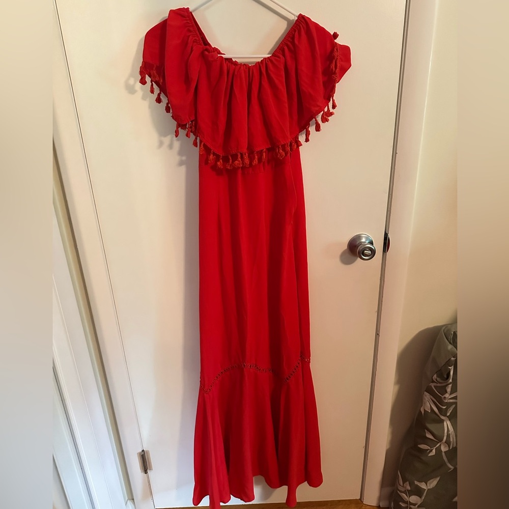 Elegant Red Maxi Dress with Tassel Details